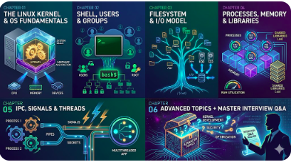 free Linux System Programming course, The Linux Kernel & OS Fundamentals, Shell, Users & Groups, linux Filesystem & I/O Model , Processes, Memory & Libraries, IPC, Signals & Threads, Advanced Topics + Master Interview Q&A