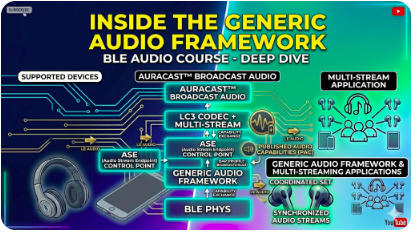 BLE Audio course - Inside the Generic Audio Framework BLE Audio, Audio Stream ASE Control Point Published Audio Capability Coordinated Set, BLE audio course - BLE ISO Channels, the Generic Audio Framework, Bluetooth LE Audio Tutorial - How ble audio different from BT audio, ble audio course, auracast in ble audio, ble audio profiles, broad cast in ble audio, ble audio profiles, ble audio development course, ble audio tutorial, Bluetooth LE Audio tutorial - ISO Channels, LC3 Codec