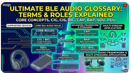 BLE Audio: Roles & Streaming Terminology CAP · BAP · Core Roles · CIG · CIS · BIG · SDU · PDU