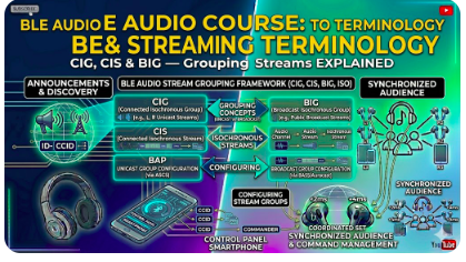 BLE Audio course : Roles & Streaming Terminology, CIG, CIS and BIG — Grouping Streams, Audio Channel → Audio Stream → Isochronous Stream