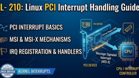 L- 210 Linux PCI Interrupt Handling Guide, free linux drivers course, learn linux device drivers, linux driver development tutorial, free linux kernel programming, linux device driver training, open source driver development, write linux device drivers, linux kernel driver course, free embedded linux drivers, linux driver tutorial pdf