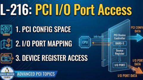 L- 216 Linux PCI I/O Port Access, free linux drivers course, learn linux device drivers, linux driver development tutorial, free linux kernel programming, linux device driver training, open source driver development, write linux device drivers, linux kernel driver course, free embedded linux drivers, linux driver tutorial pdf