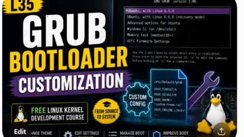 L35-GRUB Bootloader Customization-Free Linux kernel development course free linux kernel development course, free linux device drivers course, free embedded linux course, free embedded systems course, learn linux kernel, embedded systems tutorial, linux device drivers tutorial, free embedded linux tutorial, embedded linux training, linux kernel programming