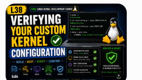 L38: Verifying Your Custom Kernel Configuration -Free Linux kernel development course free linux kernel development course, free linux device drivers course, free embedded linux course, free embedded systems course, learn linux kernel, embedded systems tutorial, linux device drivers tutorial, free embedded linux tutorial, embedded linux training, linux kernel programming