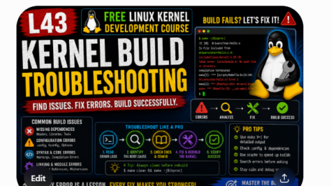 L43: Kernel Build Troubleshooting-Free Linux kernel development course free linux kernel development course, free linux device drivers course, free embedded linux course, free embedded systems course, learn linux kernel, embedded systems tutorial, linux device drivers tutorial, free embedded linux tutorial, embedded linux training, linux kernel programming