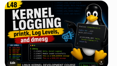 L48: Kernel Logging — printk, Log Levels, and dmesg-Free Linux kernel development course free linux kernel development course, free linux device drivers course, free embedded linux course, free embedded systems course, learn linux kernel, embedded systems tutorial, linux device drivers tutorial, free embedded linux tutorial, embedded linux training, linux kernel programming