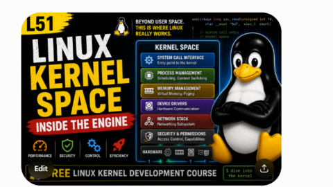 L51: Linux Kernel Space — Inside the Engine-Free Linux kernel development course free linux kernel development course, free linux device drivers course, free embedded linux course, free embedded systems course, learn linux kernel, embedded systems tutorial, linux device drivers tutorial, free embedded linux tutorial, embedded linux training, linux kernel programming
