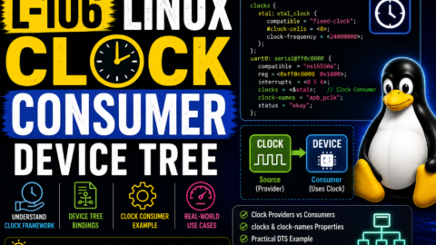 L-106 Linux Clock Consumer Device Tree, free linux drivers course, learn linux device drivers, linux driver development tutorial, free linux kernel programming, linux device driver training, open source driver development, write linux device drivers, linux kernel driver course, free embedded linux drivers, linux driver tutorial pdf