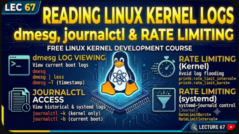 Reading Linux Kernel Logs: dmesg, journalctl & Rate Limiting, free linux kernel development course, free embedded systems course, free linux device drivers course, linux kernel tutorial, embedded systems tutorial, linux device drivers tutorial, learn linux kernel programming, embedded linux training, free programming course, open source development tutorial