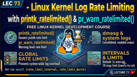 Linux Kernel Log Rate Limiting: printk_ratelimited() & pr_warn_ratelimited(), free linux kernel development course, free embedded systems course, free linux device drivers course, linux kernel tutorial, embedded systems tutorial, linux device drivers tutorial, learn linux kernel programming, embedded linux training, free programming course, open source development tutorial