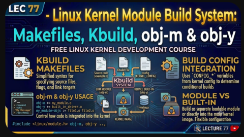 Linux Kernel Module Build System: Makefiles, Kbuild, obj-m & obj-y, free linux kernel development course, free embedded systems course, free linux device drivers course, linux kernel tutorial, embedded systems tutorial, linux device drivers tutorial, learn linux kernel programming, embedded linux training, free programming course, open source development tutorial