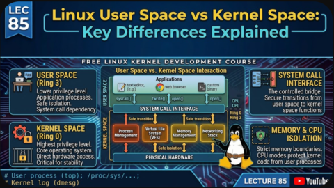 Linux User Space vs Kernel Space: Key Differences Explained, free linux kernel development course, free embedded systems course, free linux device drivers course, linux kernel tutorial, embedded systems tutorial, linux device drivers tutorial, learn linux kernel programming, embedded linux training, free programming course, open source development tutorial