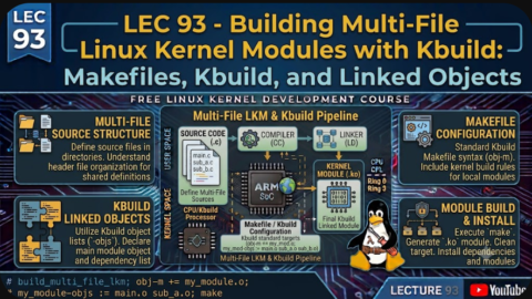 Building Multi-File Linux Kernel Modules with Kbuild, free linux kernel development course, free embedded systems course, free linux device drivers course, linux kernel tutorial, embedded systems tutorial, linux device drivers tutorial, learn linux kernel programming, embedded linux training, free programming course, open source development tutorial