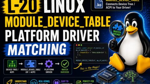 L-20 MODULE_DEVICE_TABLE Platform Driver Matching, free linux drivers course, learn linux device drivers, linux driver development tutorial, free linux kernel programming, linux device driver training, open source driver development, write linux device drivers, linux kernel driver course, free embedded linux drivers, linux driver tutorial pdf