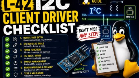 L-42 I2C Client Driver Checklist, free linux drivers course, learn linux device drivers, linux driver development tutorial, free linux kernel programming, linux device driver training, open source driver development, write linux device drivers, linux kernel driver course, free embedded linux drivers, linux driver tutorial pdf