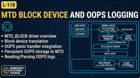 L-118 MTD Block Device and Oops Logging, free linux drivers course, learn linux device drivers, linux driver development tutorial, free linux kernel programming, linux device driver training, open source driver development, write linux device drivers, linux kernel driver course, free embedded linux drivers, linux driver tutorial pdf