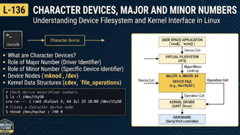 L-136 Character Devices, Major and Minor Numbers, free linux drivers course, learn linux device drivers, linux driver development tutorial, free linux kernel programming, linux device driver training, open source driver development, write linux device drivers, linux kernel driver course, free embedded linux drivers, linux driver tutorial pdf