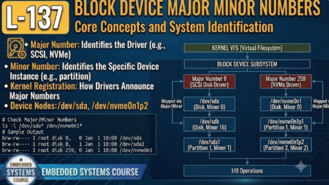 L-137 Block Device Major Minor Numbers, free linux drivers course, learn linux device drivers, linux driver development tutorial, free linux kernel programming, linux device driver training, open source driver development, write linux device drivers, linux kernel driver course, free embedded linux drivers, linux driver tutorial pdf