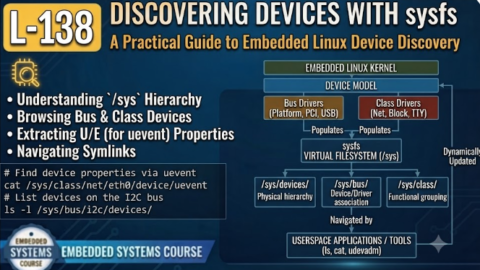 L-138 Discovering Devices with sysfs, free linux drivers course, learn linux device drivers, linux driver development tutorial, free linux kernel programming, linux device driver training, open source driver development, write linux device drivers, linux kernel driver course, free embedded linux drivers, linux driver tutorial pdf