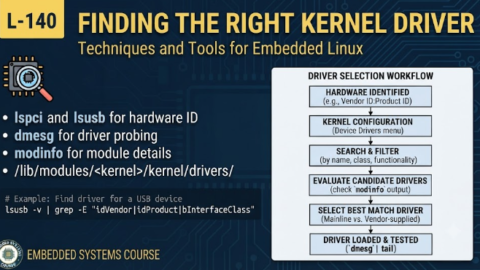 L-140 Finding the Right Kernel Driver, free linux drivers course, learn linux device drivers, linux driver development tutorial, free linux kernel programming, linux device driver training, open source driver development, write linux device drivers, linux kernel driver course, free embedded linux drivers, linux driver tutorial pdf