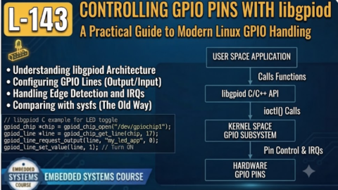 L-143 Controlling GPIO Pins with libgpiod, free linux drivers course, learn linux device drivers, linux driver development tutorial, free linux kernel programming, linux device driver training, open source driver development, write linux device drivers, linux kernel driver course, free embedded linux drivers, linux driver tutorial pdf