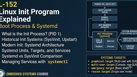 L-152 Linux Init Program Explained, free linux drivers course, learn linux device drivers, linux driver development tutorial, free linux kernel programming, linux device driver training, open source driver development, write linux device drivers, linux kernel driver course, free embedded linux drivers, linux driver tutorial pdf