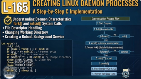 L-165 Creating Linux Daemon Processes, free linux drivers course, learn linux device drivers, linux driver development tutorial, free linux kernel programming, linux device driver training, open source driver development, write linux device drivers, linux kernel driver course, free embedded linux drivers, linux driver tutorial pdf