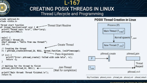 L-167 Creating POSIX Threads in Linux, free linux drivers course, learn linux device drivers, linux driver development tutorial, free linux kernel programming, linux device driver training, open source driver development, write linux device drivers, linux kernel driver course, free embedded linux drivers, linux driver tutorial pdf