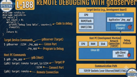 L-188 Remote Debugging With gdbserver, free linux drivers course, learn linux device drivers, linux driver development tutorial, free linux kernel programming, linux device driver training, open source driver development, write linux device drivers, linux kernel driver course, free embedded linux drivers, linux driver tutorial pdf