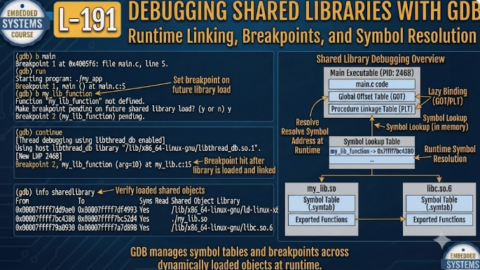 L-191 Debugging Shared Libraries With GDB, free linux drivers course, learn linux device drivers, linux driver development tutorial, free linux kernel programming, linux device driver training, open source driver development, write linux device drivers, linux kernel driver course, free embedded linux drivers, linux driver tutorial pdf