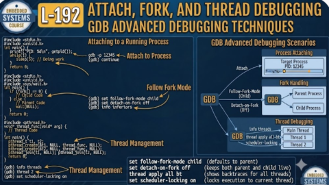 L-192 Attach, Fork, and Thread Debugging, free linux drivers course, learn linux device drivers, linux driver development tutorial, free linux kernel programming, linux device driver training, open source driver development, write linux device drivers, linux kernel driver course, free embedded linux drivers, linux driver tutorial pdf