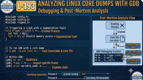 L-193 Analyzing Linux Core Dumps with GDB, free linux drivers course, learn linux device drivers, linux driver development tutorial, free linux kernel programming, linux device driver training, open source driver development, write linux device drivers, linux kernel driver course, free embedded linux drivers, linux driver tutorial pdf