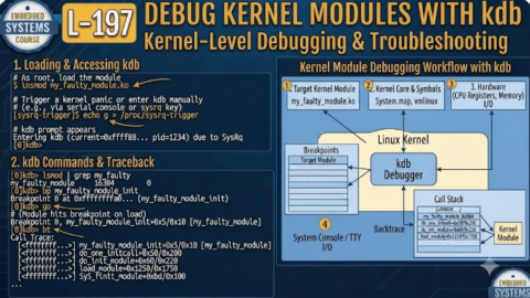 L-197 Debug Kernel Modules With kdb, free linux drivers course, learn linux device drivers, linux driver development tutorial, free linux kernel programming, linux device driver training, open source driver development, write linux device drivers, linux kernel driver course, free embedded linux drivers, linux driver tutorial pdf