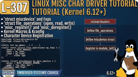 L- 307 Linux Misc Character Device Driver Tutorial (Kernel 6.12+), free linux drivers course, learn linux device drivers, linux driver development tutorial, free linux kernel programming, linux device driver training, open source driver development, write linux device drivers, linux kernel driver course, free embedded linux drivers, linux driver tutorial pdf