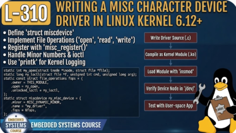 L- 310 Writing a Misc Character Device Driver in Linux Kernel 6.12+, free linux drivers course, learn linux device drivers, linux driver development tutorial, free linux kernel programming, linux device driver training, open source driver development, write linux device drivers, linux kernel driver course, free embedded linux drivers, linux driver tutorial pdf
