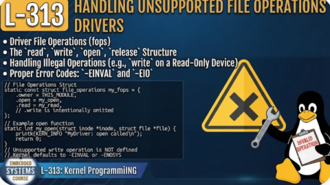 L- 313 Handling Unsupported File Operations in Linux Device Drivers, free linux drivers course, learn linux device drivers, linux driver development tutorial, free linux kernel programming, linux device driver training, open source driver development, write linux device drivers, linux kernel driver course, free embedded linux drivers, linux driver tutorial pdf