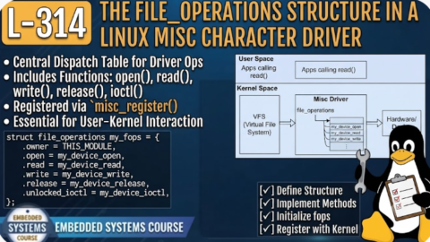 L- 314 The file_operations Structure in a Linux Misc Character Driver, free linux drivers course, learn linux device drivers, linux driver development tutorial, free linux kernel programming, linux device driver training, open source driver development, write linux device drivers, linux kernel driver course, free embedded linux drivers, linux driver tutorial pdf
