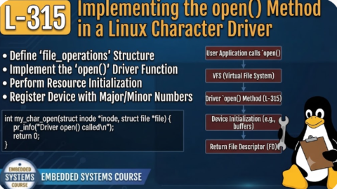 L- 315 Implementing the open() Method in a Linux Character Driver, free linux drivers course, learn linux device drivers, linux driver development tutorial, free linux kernel programming, linux device driver training, open source driver development, write linux device drivers, linux kernel driver course, free embedded linux drivers, linux driver tutorial pdf