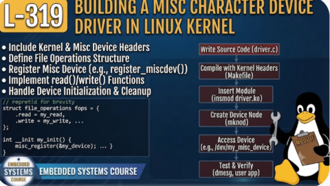 L- 319 Building a Misc Character Device Driver in Linux Kernel, free linux drivers course, learn linux device drivers, linux driver development tutorial, free linux kernel programming, linux device driver training, open source driver development, write linux device drivers, linux kernel driver course, free embedded linux drivers, linux driver tutorial pdf