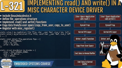L- 321 Implementing read() and write() in a Misc Character Device Driver, free linux drivers course, learn linux device drivers, linux driver development tutorial, free linux kernel programming, linux device driver training, open source driver development, write linux device drivers, linux kernel driver course, free embedded linux drivers, linux driver tutorial pdf