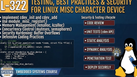 L- 322 Testing, Best Practices & Security for Linux Misc Character Device Drivers, free linux drivers course, learn linux device drivers, linux driver development tutorial, free linux kernel programming, linux device driver training, open source driver development, write linux device drivers, linux kernel driver course, free embedded linux drivers, linux driver tutorial pdf