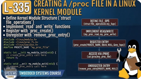 L- 335 Create a /proc File in a Linux Kernel Module, free linux drivers course, learn linux device drivers, linux driver development tutorial, free linux kernel programming, linux device driver training, open source driver development, write linux device drivers, linux kernel driver course, free embedded linux drivers, linux driver tutorial pdf