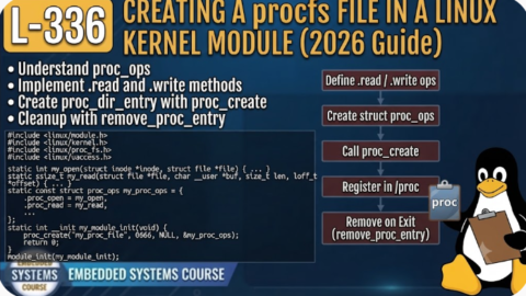 L- 336 How to Create a procfs File in a Linux Kernel Module (2026 Guide), free linux drivers course, learn linux device drivers, linux driver development tutorial, free linux kernel programming, linux device driver training, open source driver development, write linux device drivers, linux kernel driver course, free embedded linux drivers, linux driver tutorial pdf