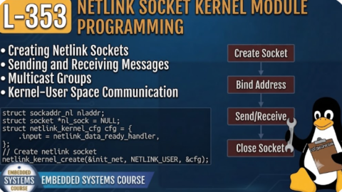 L- 353 Netlink Socket Kernel Module Programming, free linux drivers course, learn linux device drivers, linux driver development tutorial, free linux kernel programming, linux device driver training, open source driver development, write linux device drivers, linux kernel driver course, free embedded linux drivers, linux driver tutorial pdf