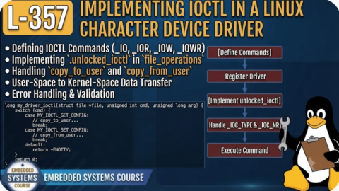 L- 357 Implementing IOCTL in a Linux Character Device Driver, free linux drivers course, learn linux device drivers, linux driver development tutorial, free linux kernel programming, linux device driver training, open source driver development, write linux device drivers, linux kernel driver course, free embedded linux drivers, linux driver tutorial pdf