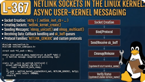 L- 367  Netlink Sockets in the Linux Kernel: Async User-Kernel Messaging, free linux drivers course, learn linux device drivers, linux driver development tutorial, free linux kernel programming, linux device driver training, open source driver development, write linux device drivers, linux kernel driver course, free embedded linux drivers, linux driver tutorial pdf
