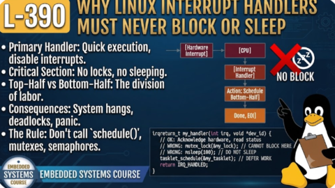 L- 390 Why Linux Interrupt Handlers Must Never Block or Sleep, free linux drivers course, learn linux device drivers, linux driver development tutorial, free linux kernel programming, linux device driver training, open source driver development, write linux device drivers, linux kernel driver course, free embedded linux drivers, linux driver tutorial pdf
