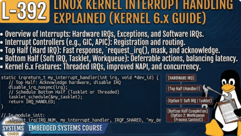 L- 392 Linux Kernel Interrupt Handling Explained (Kernel 6.x Guide), free linux drivers course, learn linux device drivers, linux driver development tutorial, free linux kernel programming, linux device driver training, open source driver development, write linux device drivers, linux kernel driver course, free embedded linux drivers, linux driver tutorial pdf