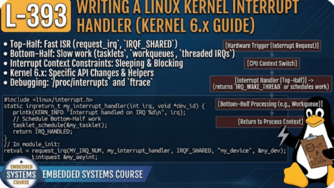 L- 393 Writing a Linux Kernel Interrupt Handler (Kernel 6.x Guide), free linux drivers course, learn linux device drivers, linux driver development tutorial, free linux kernel programming, linux device driver training, open source driver development, write linux device drivers, linux kernel driver course, free embedded linux drivers, linux driver tutorial pdf