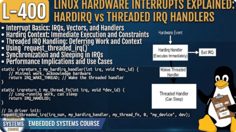 L-400  Linux Hardware Interrupts Explained: Hardirq vs Threaded IRQ Handlers, free linux drivers course, learn linux device drivers, linux driver development tutorial, free linux kernel programming, linux device driver training, open source driver development, write linux device drivers, linux kernel driver course, free embedded linux drivers, linux driver tutorial pdf